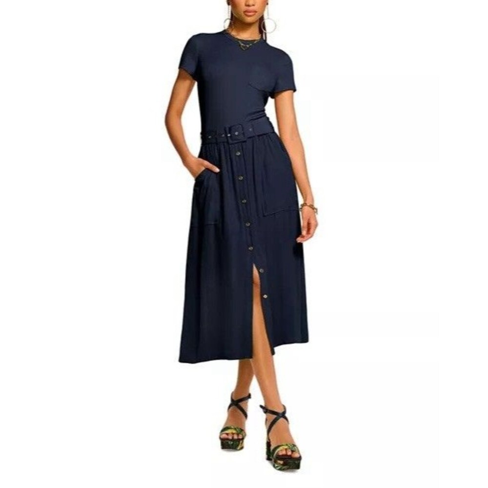 Ramy Brook Sylvie Belted Midi Dress Spring Navy Blue Short Sleeve Size M